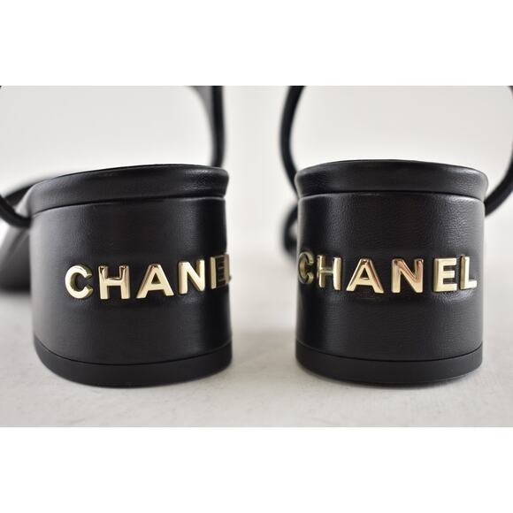Chanel 24C Black Lambskin Leather Gold Logo Ankle Strap Block Heel Sandal 38 - Picture 12 of 14